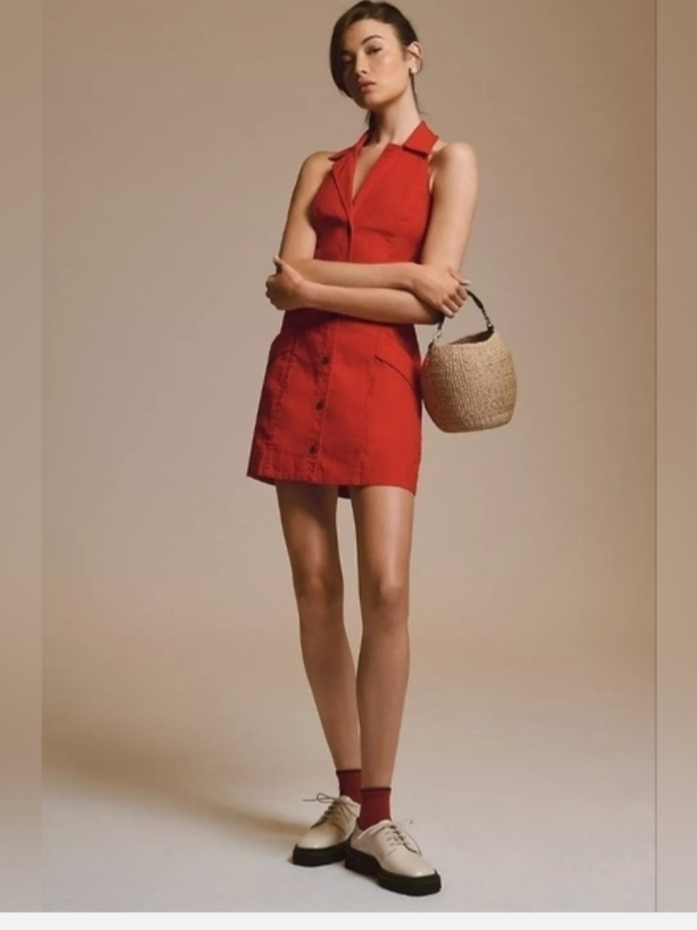 Maeve Red Button-Front Collared Halter Mini Dress - Picture 2 of 9